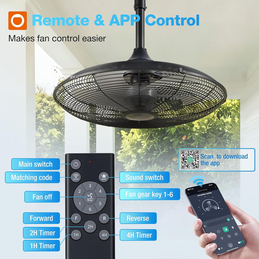 20-Inch Outdoor Ceiling Fan 🌀 Waterproof IP65 with Remote & App Control 🌧️ Quiet DC Motor, 6 Speeds for Patio, Pergola & Backyard